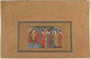 Fólió azonosítatlan szövegből; Egy hercegnő trónolt, Irán, 1440-50 körül (átlátszatlan akvarell, tus és arany papíron) alkotó: Persian School