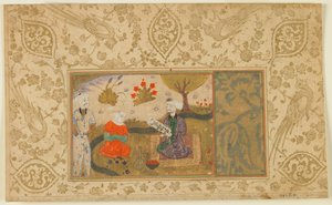 Fólió azonosítatlan szövegből; Egy nő beszélget egy ülő férfival a patak mellett, Irán, 1500 körül (átlátszatlan akvarell, tus és arany papíron) alkotó: Persian School