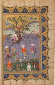 Fólió azonosítatlan szövegből; verso: Egy sziklán ülő herceg kísérőkkel körülvéve, Iszfahán, Irán, 1600 körül (átlátszatlan akvarell, tinta és arany papíron) alkotó: Persian School