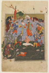 Garsivazt megkorbácsolják, míg Afrasiyabot kirángatják a tóból egy Shahnamából alkotó: Persian School