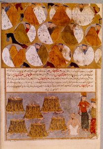 Dzsingisz kán (1162-1227) mongol sátrai és foglyai: Dzsingisz kán Djamuqua, a Jadjirat törzs egyik mongoljának követőit az üstökbe dobja. Perzsa miniatúra a „” Jami al-tawarikh”” (Jami al tawarikh) vagy az „” Egyetemes történelem”-ből alkotó: Persian School