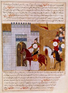 Mongolok, akik egy perzsa miniatűr erődöt ostromolnak, amelyet Rashid al-din (al din) történész (1247-1318) „” Dzsami al-Tawarikh”-tól” (Dzsami al-Tawarikh) vagy „” Egyetemes történelemtől” vettek át (1247-1318) 1430 körül Párizs, B.N. alkotó: Persian School