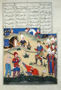Ms D-184 fol.208b Megtörténik Afrasiab álmának lefejezése, illusztráció a „Shahnama”-ból (Királyok könyvéből), Abu