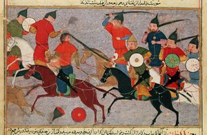 Ms. Pers.113 f.49 Dzsingisz kán (kb. 1162-1227) a csatában, Rashid-al-Din (1247-1318) könyvéből (guache)