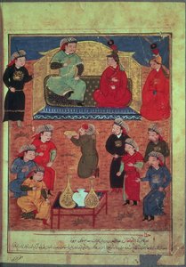 Ms. Support. Háziállatok. 1113 fol.203v Arhaan kán két feleségével és fiával, Ghazannal, Rashid ad-Din (1247-1318) könyvéből alkotó: Persian School
