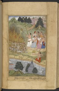 Or.12076 f.130v Arjuna elégeti a holttesteket az andhakák és a jadavák közötti csata után Prabhászában, Gujarat partjainál. Ghi-t öntenek a máglyára (Narayan) a Razmnāmah-ból (