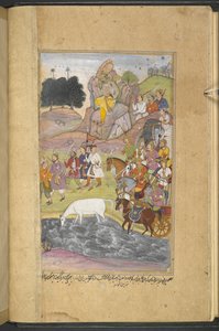 Or.12076 f.7v A lovat, Syamakarnát Bhima fedezte fel, aki a Bhadravati városa feletti hegyen ül, és Raja Yauvanasva hadseregének katonáit nézi. (Narayan Khurd) a 
