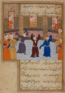Vagy. 11837, f.152 Muhammad Tabadkani († 1486) dervisekkel táncol, illusztráció a „Majalis al-