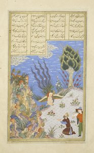 Perzsa 239 fol.16b A Simurgh visszaállítja Z?l-t S?m-re, illusztráció a Shahnama-ból (Királyok könyve), Abul-Qasim Mansur Firdawsi (c.934-c.1020), 1444 alkotó: Persian School