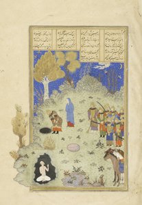Perzsa 239 fol.180a Rusztam kimenti B?zhant a gödörből, illusztráció a Shahnama-ból (Királyok könyvéből), Abul-Qasim Mansur Firdawsi (kb. 934-kb. 1020), 1444 alkotó: Persian School