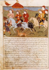 Houlagou kán, Dzsingisz kán lovagló unokája ábrázolása. Dzsami al-Tawarikhtól vett perzsa miniatűr” (Dzsami al-Tawarikh) vagy „”Univerzális történelem””, Rashid al-din (al din) történész (1247-1318) 1430 körül. Paris, B.N. alkotó: Persian School
