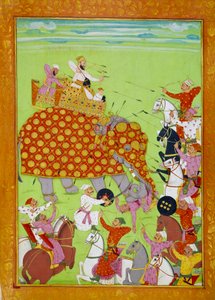 Murad (Mourad) Baksh (1624-1661), Shah Jehan mogul császár fia (vagy Shah Jehan, Shahjehan) egy elefánton harcoló ábrázolása. Perzsa miniatűr a 17. századi Párizsról, B.N. alkotó: Persian School