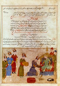 Ogodei kán (1186-1241) képviselője, Dzsingisz kán fia. Perzsa miniatúra, amelyet Rashid al-din (al din) (1247-1318) történész „” Jami al-tawarikh” (Dzsami al-Tawarikh) vagy „” Egyetemes történelemből” vett át. 1430 körül. Paris, B.N. alkotó: Persian School