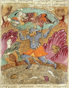Rostam, akit Akwan-Diwa vitt, illusztráció a Shahnama-ból (Királyok könyvéből), Abul-Qasim Manur Firdawsi (kb. 934-kb. 1020) 1619 alkotó: Persian School