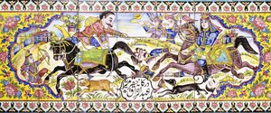 Második cartouche egy hosszú cuerda seca lapokból, vadászat és csatajeleneteket ábrázol, XIX. alkotó: Persian School
