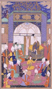 Isma"il sah tartotta az első zártkörű hallgatóságot csatlakozása után Tebrizben, 1590-1600 körül alkotó: Persian School