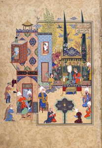 Salamon és Bilqis együtt ülnek, és őszintén beszélgetnek. Fólió a Haft awrang (Hét trón) Jami (megh. 1492), valószínűleg Mashad, Khurasan, Irán, Safavid-dinasztia, 1556-1565 (tinta, átlátszatlan akvarell és alkotó: Persian School