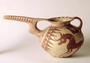 Kiöntős edény dekoratív, a napot és a holdat szimbolizáló mintákkal, Szialkból, Iránból, Kr. e. 1. évezred (agyag) alkotó: Persian School