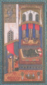 Tahmina bekerül a Rustams kamrába, illusztráció a Shahnama-ból (Királyok könyvéből), Abul-Qasim Manur Firdawsi (kb. 934-kb. 1020), Heratból, Afganisztánból, 1410 körül (átlátszatlan wc és arany papíron) alkotó: Persian School