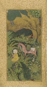 Várakozó vőlegény lóval az erdős ligetben, valószínűleg Tebriz, Turkomán dinasztia, 1500 körül (átlátszatlan akvarell és arany papíron) alkotó: Persian School