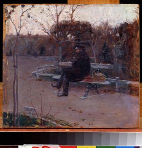 A körúton (A körúton). Egy férfi egyedül, egy padon ül a hidegben, a közelében, egy hátizsák és egy szerszámosláda. Pjotr ​​Alekszandrovics Nilus (Pierre Nilous) (Nilouss) festménye (1869-1940/1943), olaj, vászon