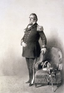 Commodore Matthew Calbraith Perry (1794-1858) a „Graphic Scenes in the Japan Expedition” (Grafikai jelenetek a japán expedícióban) című filmből, P. Haas metszete, 1856-ban megjelent (fotómélység)