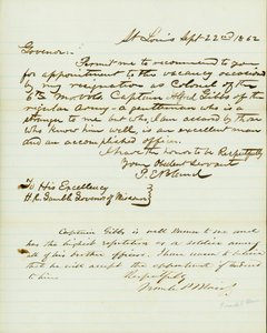 Levél aláírva P.E. Bland, St. Louis, H. R. Gamble -nek, Missouri kormányzójának, 1862. szeptember 22 -én alkotó: Peter E. Bland