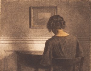 Fiatal lány egy félkör alakú asztal mellett alkotó: Peter Vilhelm Ilsted