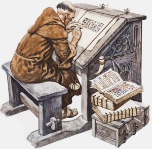 Szerzetes az íróasztalánál egy scriptoriumban (gouache, papír) alkotó: Peter Jackson