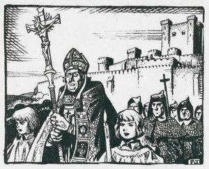 Poore püspök elvezeti népét Old Sarumból Salisbury alapítására 1220-ban (lithó) alkotó: Peter Jackson