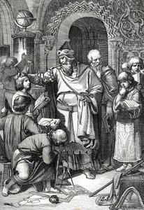 Nagy Károly császár (742-814) a gyerekek iskolai találkozójának megalapítója” (Károly császár találkozik a gyerekekkel, az oktatás és a tanulás iránti érdeklődése és a tudósok pártfogása miatt az iskolák mecénásának tekintik) Rajz a la plume tires o alkotó: Peter Johann Nepomuck Geiger