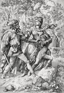 Anjou Margit angol királynőt (1430-1482) és fiát, Edwardot egy rabló mentette meg repülésük során a Yorkisták diadala után. alkotó: Peter Johann Nepomuck Geiger