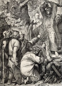 Mainzi Szent Bonifác (680-754) ábrázolása, aki kivágta Thor tölgyét, hogy meggyőzze a druidákat arról, hogy az nem egy szent fa (Szent Bonifác (Bonifacius), amely elpusztítja Thor tölgyét (Donar vagy Jove tölgye) a germán pogányok szent fáját, átalakítani 
