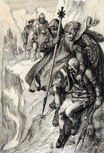 A rómaiak királya IV. Henrik a Cenis-hegy hágója mellett átkelt az Alpokon, és Mathilde toszkánai grófnőhöz Canossába megy, ahol VII. Gergely pápa, 1077. január” (IV. Henrik átkelt az Alpokon a Mont Cenis-hágó mellett, hogy elérje a várat Canossa és alkotó: Peter Johann Nepomuck Geiger