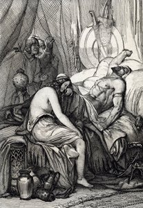 Attila hunok királyának (395-453) halála a germaine Ildikóval töltött nászéjszakáján aludt, 453 (Atilla, a hunok uralkodójának halála nászéjszakáján, menyasszonya, Ildikó elsírja testét, 453 ) Tollrajz a „Historis