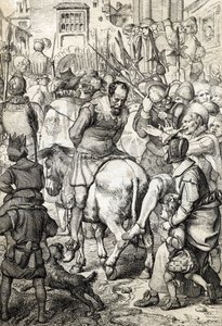 A hamis Sebastian: Sebastian portugál király halála után, akinek maradványait nem találták meg, többen a királynak színlelt emberek ismét megjelentek, hogy irányítsák népét, egyikük Nápolyban megtorpanva sétált az utcán a lakók szeme láttára. alkotó: Peter Johann Nepomuck Geiger