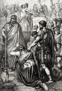 Vandálháború: „” A vandálok királyának megadása Gelimer letérdel a bizánci Belisaire tábornok (500-565) előtt 534 márciusában, Karthágó, Afrika” (Vandál háború: Gelimer vandálkirály megadja magát Belisarius tábornoknak, 534, Afrika) Rajz rajzolt toll alkotó: Peter Johann Nepomuck Geiger