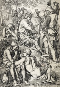 Háború a vikingek ellen: "" Wessex királya, I. Nagy Alfréd (846-899) hárfásnak álcázva belép a guthrumi táborba, hogy megsemmisítse csataterveit, Somerset 878 (Nagy Alfréd király, zenésznek álcázva szemléli a helyzetet az ellenség a Danisban alkotó: Peter Johann Nepomuck Geiger