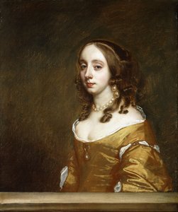 A Popham család hölgyének portréja, félalakos, szekrény mögött, narancssárga ruhát visel, alkotó: Peter Lely