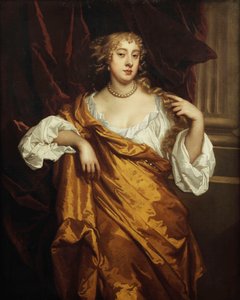 A honvéd arcképe. Mary Wharton, háromnegyed hosszúságban, fehér ruhában és sárga köntösben egy gesztenyebarna színű oszlop mellett, alkotó: Peter Lely