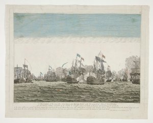 A Lord Rodney admirális parancsnoksága alatt álló brit flotta és a de Graffe gróf által irányított francia flotta közötti emlékezetes akció bemutatása Domenica és Guadaloupe szigetei között 1782. április 12-én.