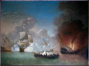 Tengeri csata egy portugál hadihajó és tüskés kalózgályák között – Peter Monamy festménye (1681 és 1749 között aktív), olaj, vászon, 1685 körül (Tengerészeti akció egy portugál hadiember és a Number Of Barbary Pirate Gályák között, Peter Monamy,