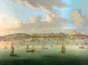 A brit flotta behajózik a lisszaboni kikötőbe, 1735