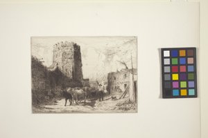 San Miguel templom és a Pueblo-ház Santa Fe-ben (rézkarc)