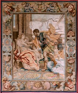 Flamand kárpit. Sorozat Decius Mus konzul története. A Mars megjelenik Rhea Silviának (Aparición de Marte a Rea Silvia). Nyolcadik kárpit a sorozatban. Modell P P Rubens. Gyártás Jan Raes II, Brüsszel. Ca1620-1629. Szövet Arany, ezüst, selyem és gyapjú.