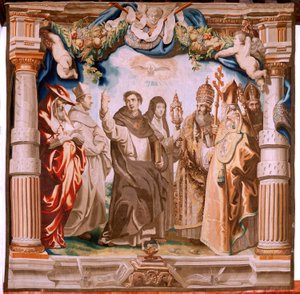 Flamand kárpit. Az Eucharisztia diadala sorozat. Az Eucharisztia védelmezői (os defensores de la Eucaristía). A sorozat tizedik kárpitja. Peter Paul Rubens modell. 1626-1628. Gyártás Jan II Raes, Hans Vervoert, Jacques Fobert, Brüsszel alkotó: Peter Paul (after) Rubens