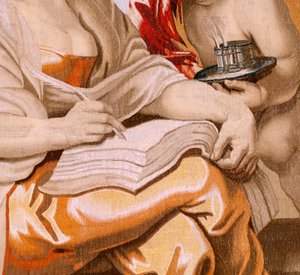 Flamand kárpit. Az Eucharisztia diadala sorozat. A bölcsességet a Szentlélek ihlette (La Sabiduría inspirada por el Espíritu Santo). A sorozat tizenkilencedik kárpitja. Peter Paul Rubens modell. 1626-1628. Gyártás Jacob II Geubels, Brüsszel alkotó: Peter Paul (after) Rubens