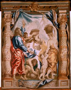Flamand kárpit. A manna hullása a sivatagban (La caída del maná en el desierto). Az Eucharisztia diadala sorozat. Harmadik kárpit a sorozatban. Peter Paul Rubens modell. 1626-1628. Gyártás Jan II Raes, Jacob II Geubels, Hans Vervoert, Ja alkotó: Peter Paul (after) Rubens