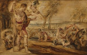 Kadmus Minerva vezetésével megfigyeli a Spartoi-harcot alkotó: Peter Paul Rubens (after)