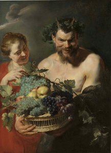 Szatír, aki egy kosár szőlőt és birsalmát tart egy nimfával, Peter Paul Rubens. alkotó: Peter Paul Rubens
